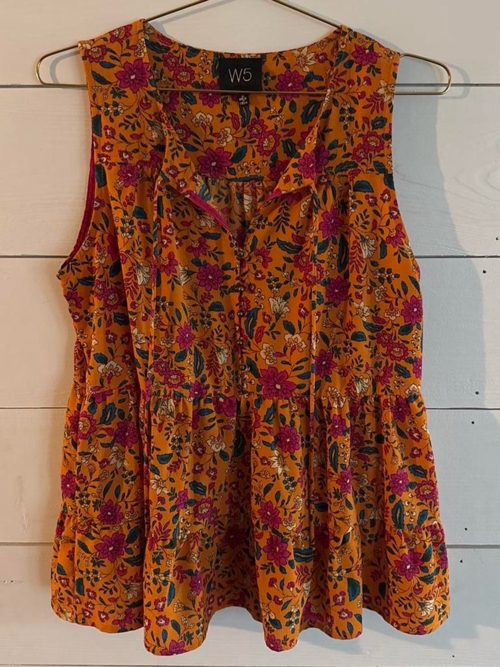 W5 Mustard Floral Sleeveless Peplum Tunic with Pink & Green Accents
